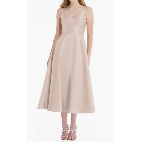 Alfred Sung dress D799 spaghetti strap satin midi cocktail beige size 16 - Picture 1 of 6